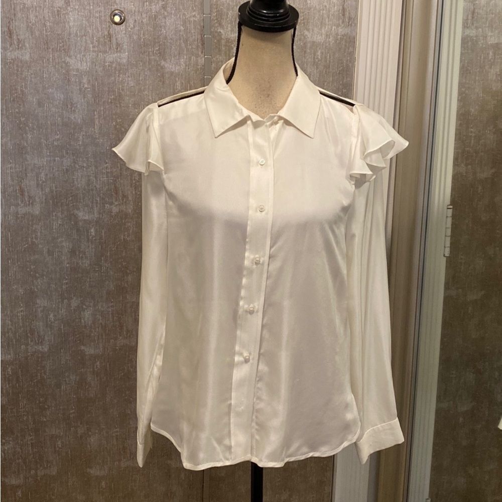Maje Stylish White Ruffle Shoulder cut out silk Blouse, S